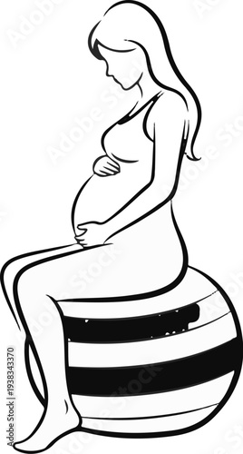Pregnant woman sitting on a striped ball, outline drawing, peaceful pose
