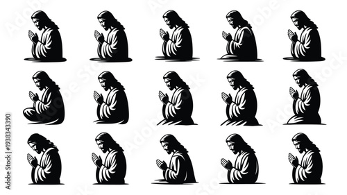 Set of praying figures in various poses black silhouettes on white background religious icons prayerful people worship spirituality faith devotion hands clasped serene expressions