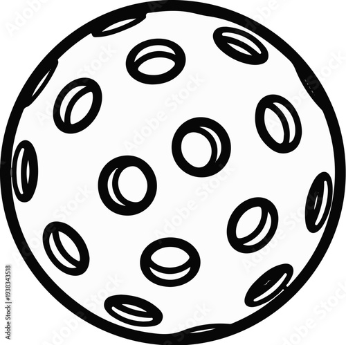A black and white line drawing of a spherical object with holes
