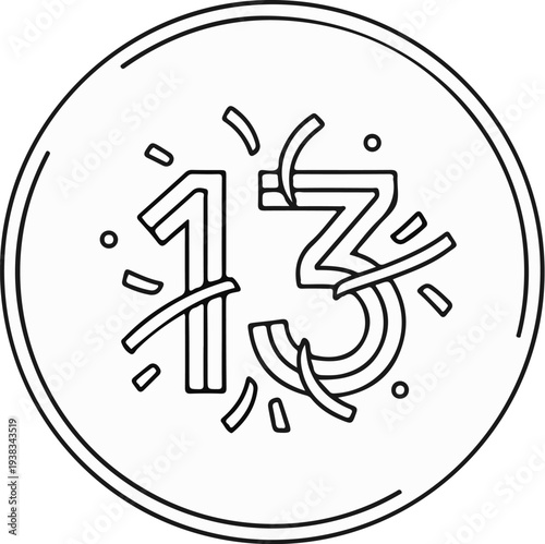 A stylized number 13 inscribed within a circle, with decorative streamers and small circles