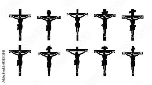 Multiple crucifixion silhouettes in various poses on white background symbolizing faith and spirituality