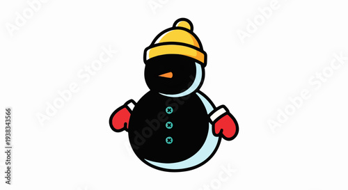 A cartoon snowman with a yellow hat and red mittens