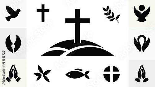 Christian faith symbols icons set including cross dove fish praying hands on white background for design