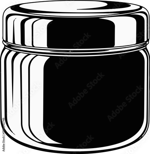 A glossy, black jar with a silver lid and reflective curves