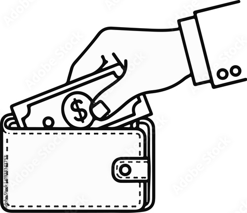 A hand places a dollar bill and coin into an open wallet