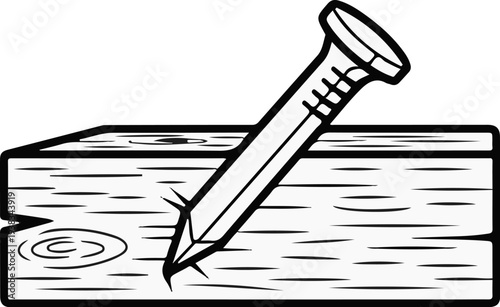 A nail pierces a wooden plank, with visible grain and cracks