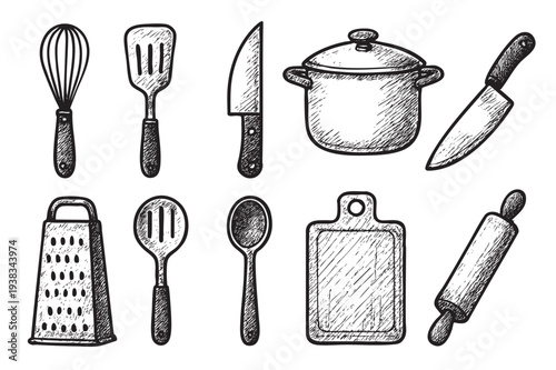 Black and white sketch illustration of various kitchen utensils, including a whisk, spatula, knife, pot, grater, spoon, cutting board, and rolling pin on a white background.