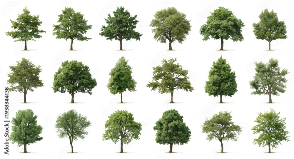 Fototapeta premium Array of isolated green trees optimized for architectural presentations and natural ornamentation in print and online media