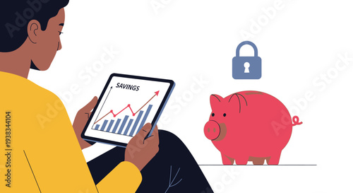 Man holding tablet with graph and pig.