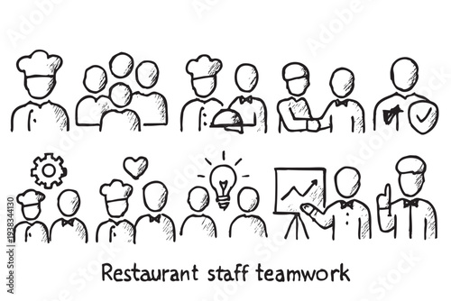 Hand-drawn sketch illustration showing the various restaurant staff members in action, representing teamwork, collaboration, and different roles within the restaurant.