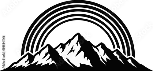 Stylized black and white graphic of a mountain range under a rainbow arc