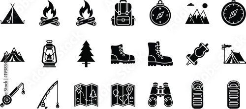 Collection of black and white camping and outdoor icons and symbols