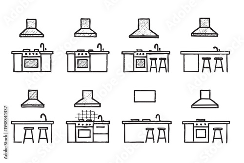 Collection of hand-drawn kitchen interiors showcasing various counter, oven, and ventilation designs. Clean and simple sketches perfect for architectural planning and interior design projects.