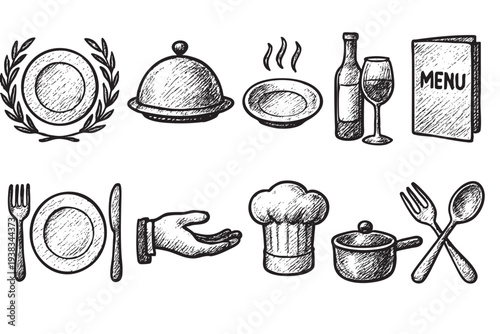 This is a set of hand-drawn black and white vector icons for restaurants and dining, perfect for menus, websites, and restaurant marketing materials.