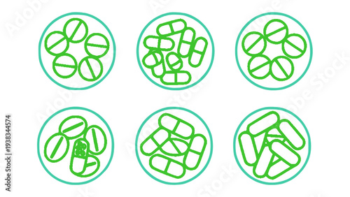 Outline medical icons showing capsules, tablets, and various pharmaceutical pills.