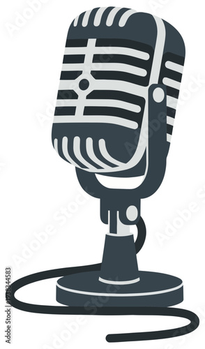 Retro microphone on desk stand icon representing podcast recording broadcasting and studio audio communication