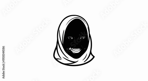 A black and white cartoon portrait of a young person wearing a headscarf