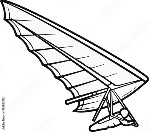 A black and white illustration of a hang glider with a pilot suspended beneath