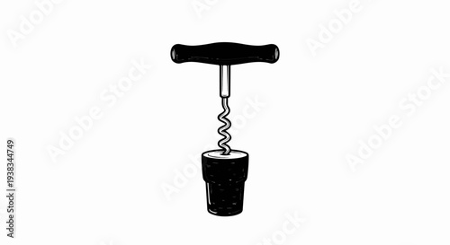 A black t-shaped corkscrew is inserted into a cork stopper