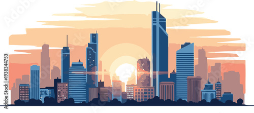 A vibrant city skyline at sunset with modern skyscrapers and urban architecture