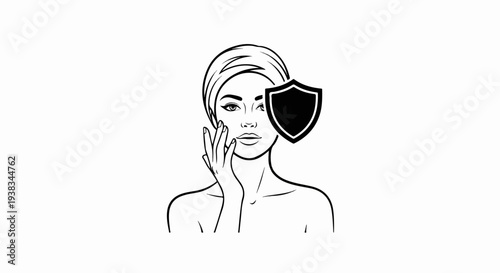 Woman with hand on face and shield symbol, representing skincare protection