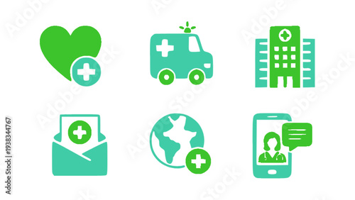 Modern telemedicine icons including medical chat, ambulance, online doctor, mobile health, and global care.
