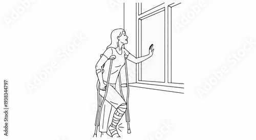 Woman on crutches touches windowpane, a symbol of hope and recovery