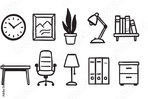 Hand-drawn office items including desk, chair, lamp, bookcase, filing cabinet, for illustrating work, study or home office environment in monochrome style.
