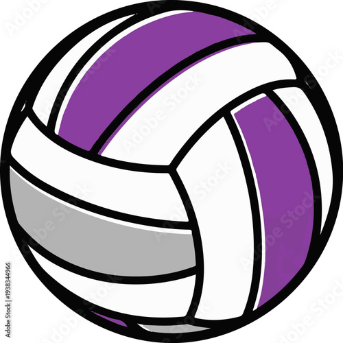Stylized graphic of a volleyball with purple, white, and grey panels