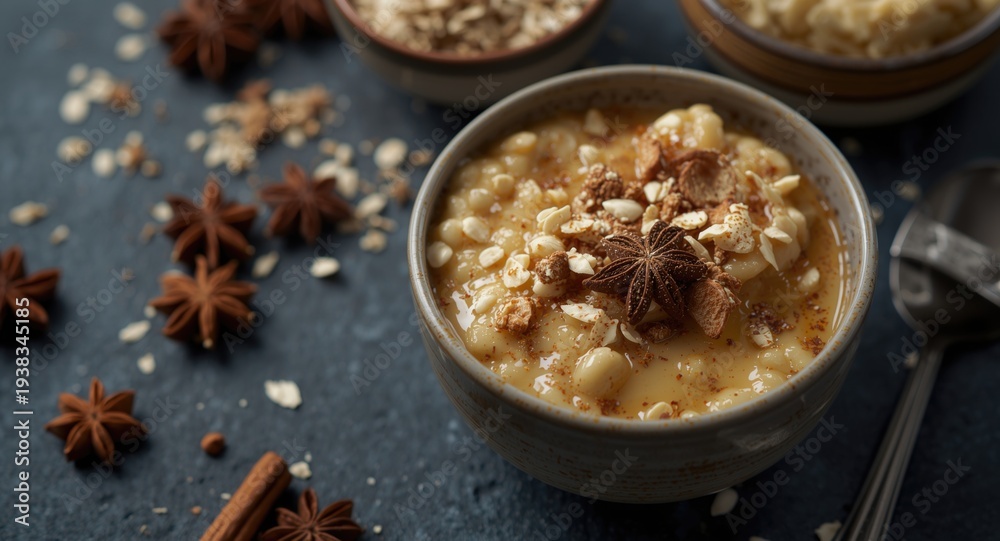 Fototapeta premium Comforting breakfast foods with warm oatmeal and spices