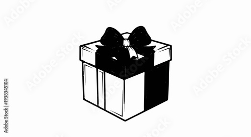A black and white sketch of a gift box tied with a bow