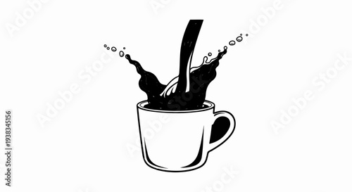 A black liquid splashes dramatically from a stream into a white mug