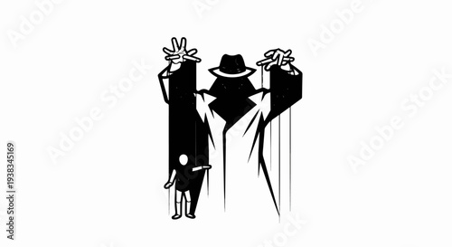 Stylized black and white illustration of a puppeteer controlling a figure