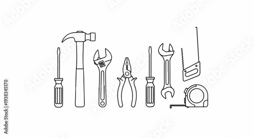 A collection of common hand tools including a hammer, screwdrivers, wrenches, pliers, a saw, and a tape measure