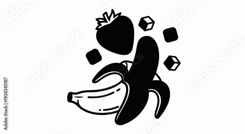 A stylized illustration of a banana and strawberry with ice cubes