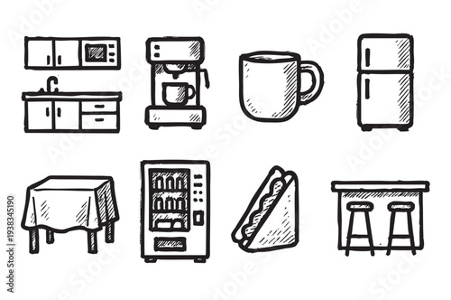 Hand-drawn doodle style illustration featuring kitchen and breakroom appliances such as a fridge, coffeemaker, sink, vending machine, and sandwich, in black and white.