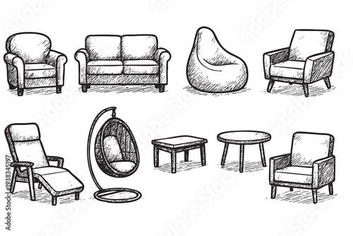Hand-drawn collection of living room furniture, including sofas, armchairs, lounge chairs, tables, and a beanbag, sketched in black and white. Ideal for design concepts.