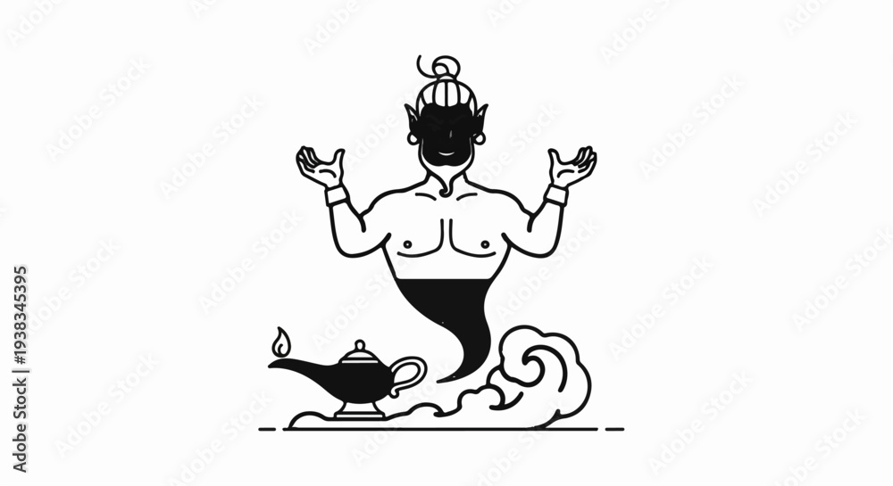 Obraz premium A stylized genie emerges from a lamp, arms outstretched