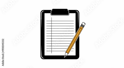 A notepad with lines and a pencil are depicted against a white background