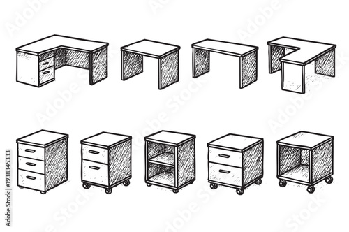 Hand-drawn style illustration of office furniture including desks and file cabinets on a clean white backdrop perfect for interior design, office planning or architectural visualizations.