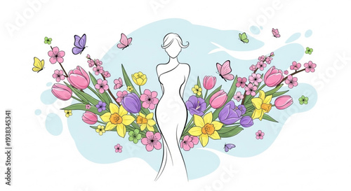 Elegant woman surrounded by vibrant spring flowers and butterflies