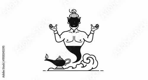 A stylized genie emerges from a lamp, arms outstretched