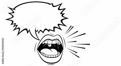 A comic book style illustration shows an open mouth shouting with a jagged speech bubble above