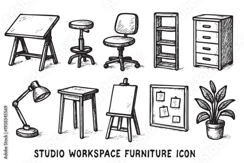 Hand-drawn black and white sketch of studio workspace furniture including a drafting table, chair, easel, lamp, and plant, perfect for interior design or office space illustration.