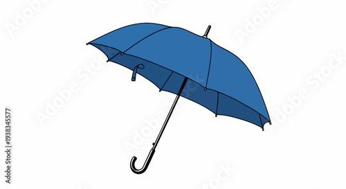Blue umbrella with a curved handle and metal frame, isolated on white background