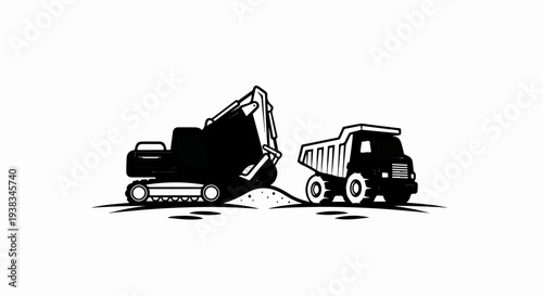 Excavator loading dirt into a dump truck on a construction site