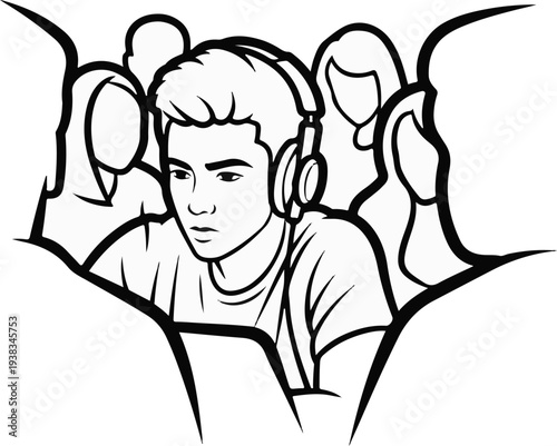 Focused young man with headphones surrounded by silhouettes of others