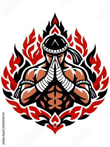 Illustration of a Muay Thai fighter praying with fire, The Art of Eight Limbs.