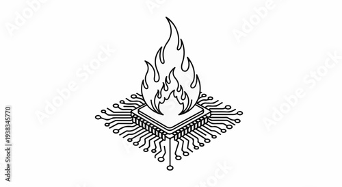 Illustration of a computer processor engulfed in flames