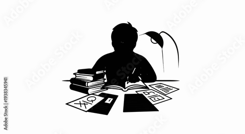 Silhouette of a person studying at a desk with books, papers, and a lamp